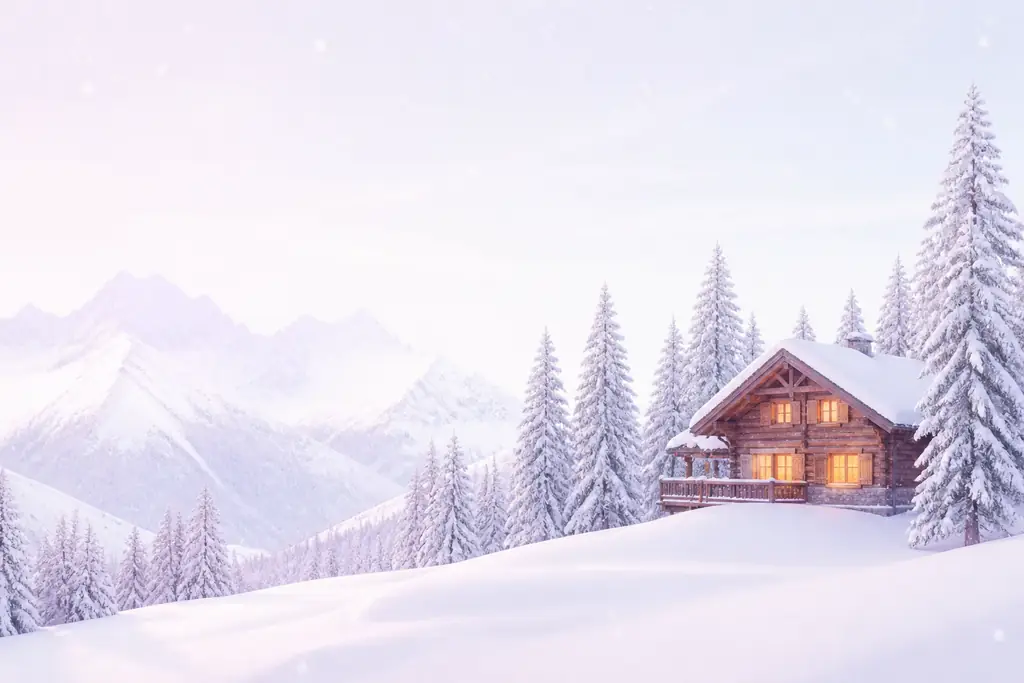 Baita di legno innevata fra gli abeti, con le cime pallide delle Alpi italiane sullo sfondo