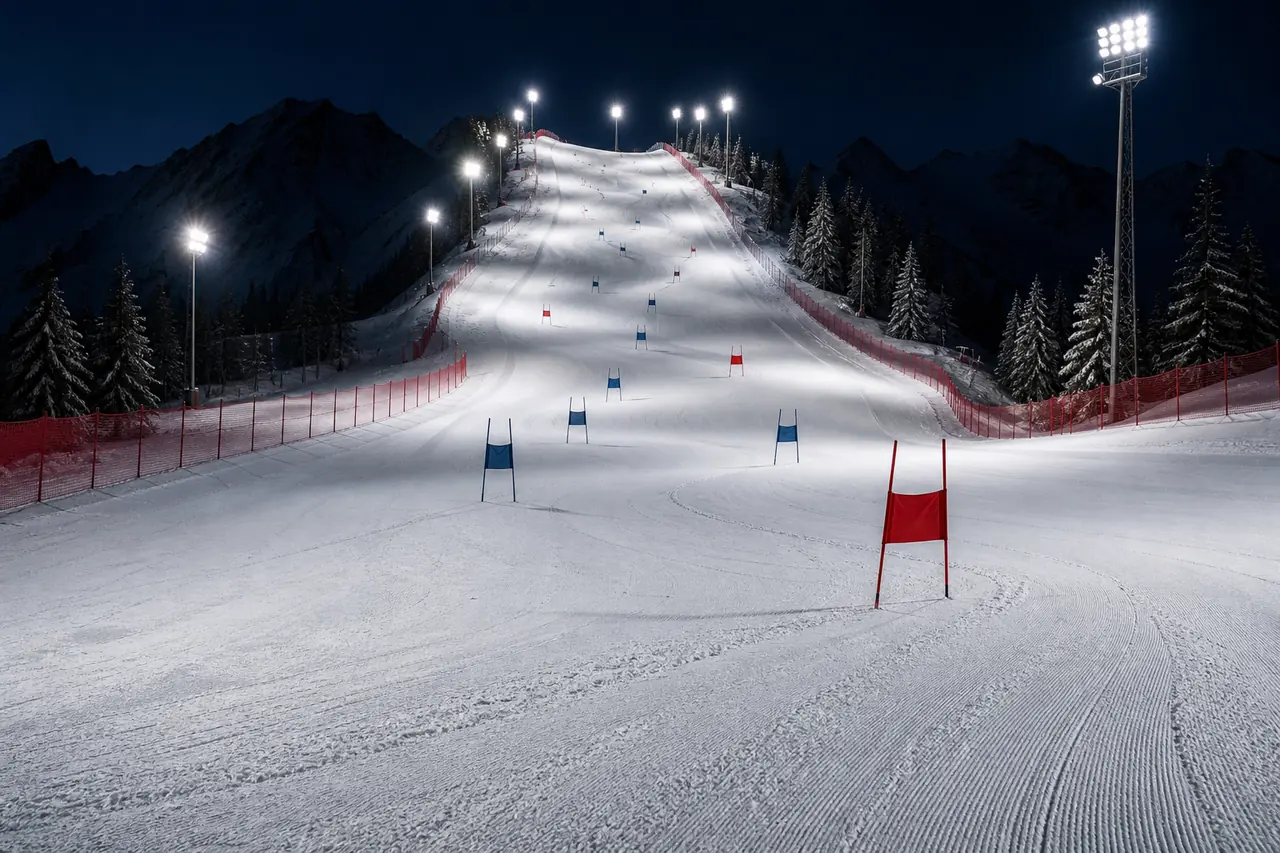 Tracciato di gara illuminato dai fari nella notte, con le porte di slalom rosse e blu sul battuto