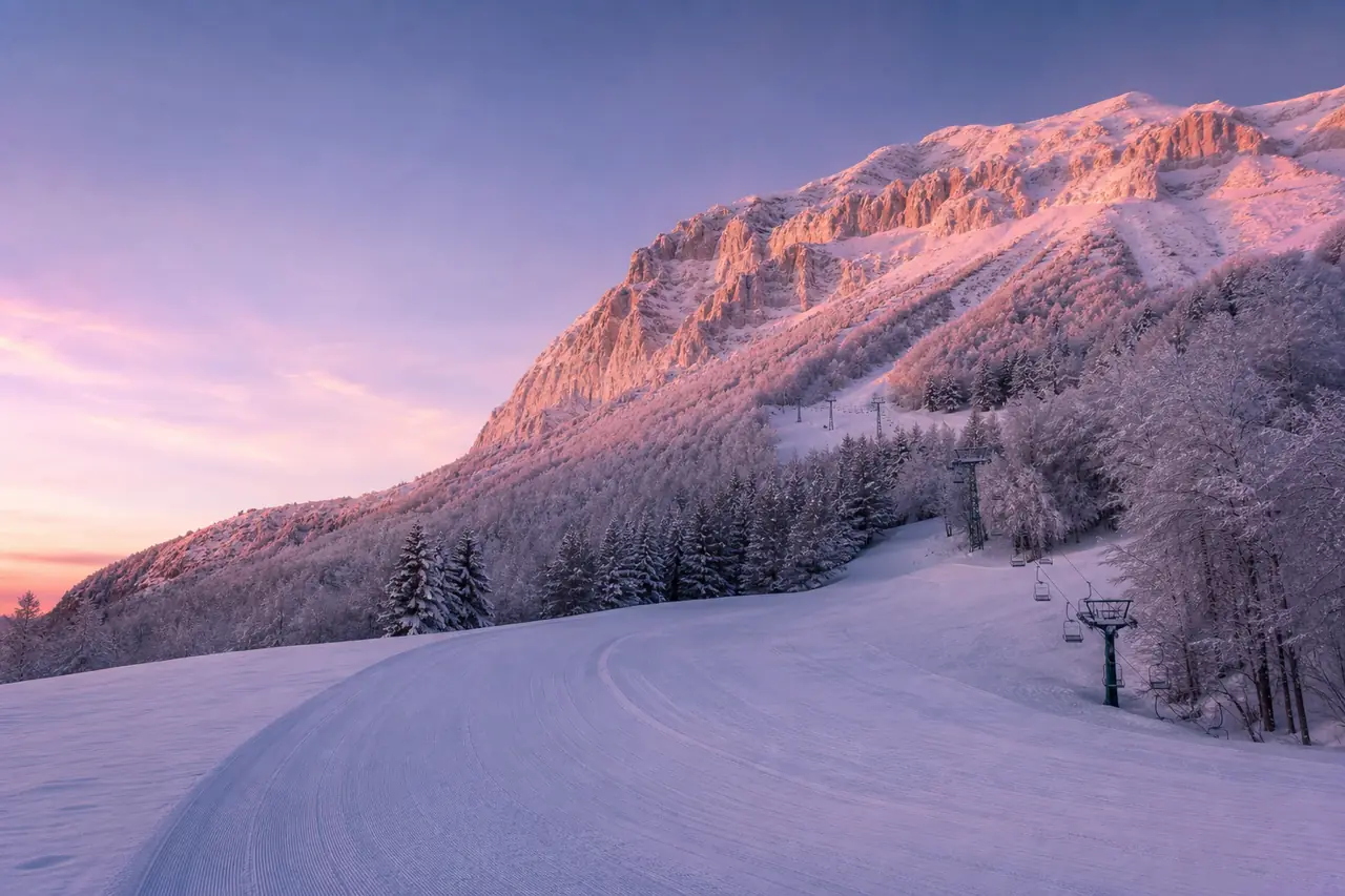 Pista battuta all'alba sull'altopiano abruzzese, con la luce rosa dell'alba sul crinale calcareo della Majella