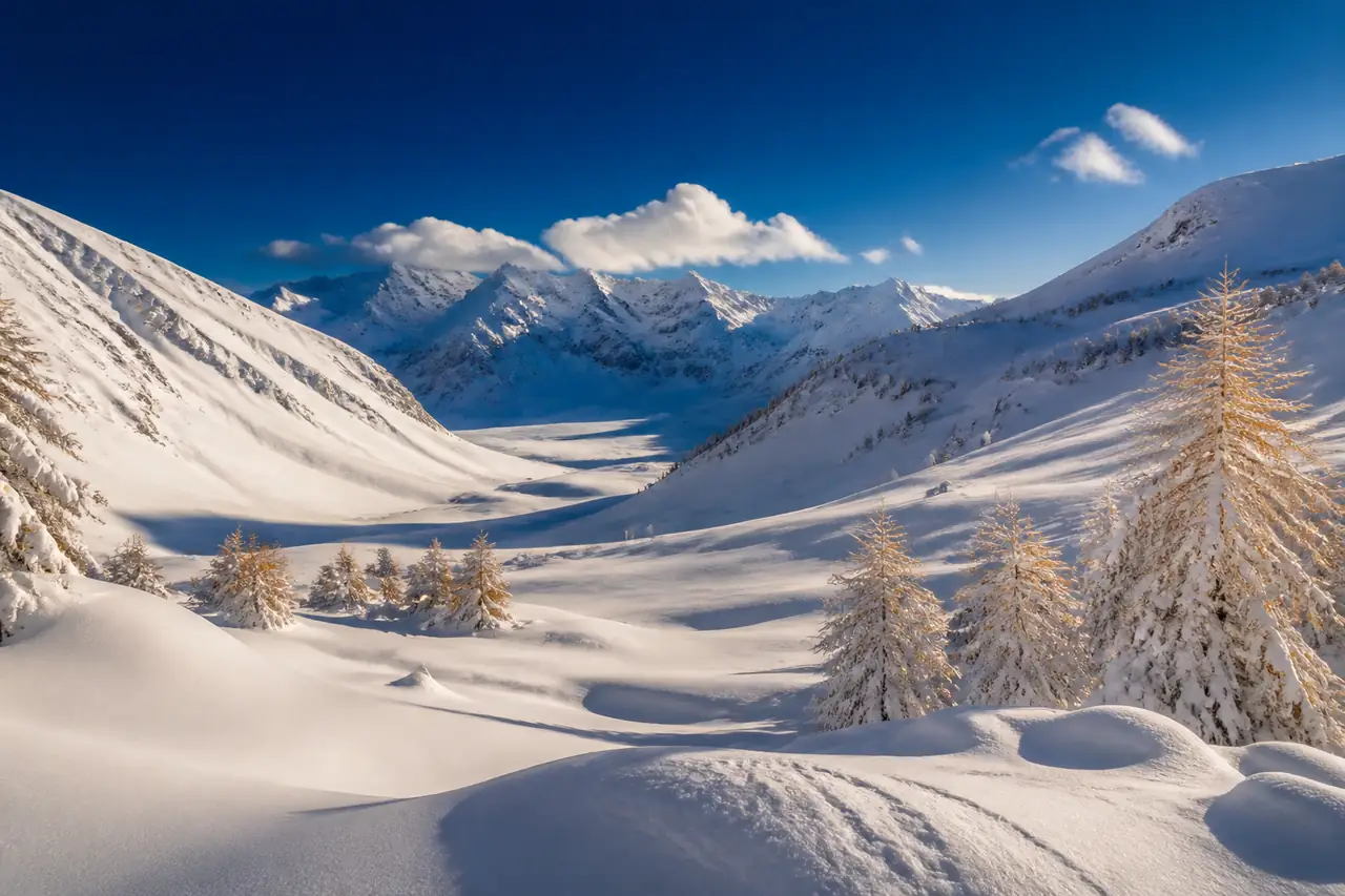 Ampia valle alpina innevata con larici carichi di neve e pendii aperti illuminati dal sole