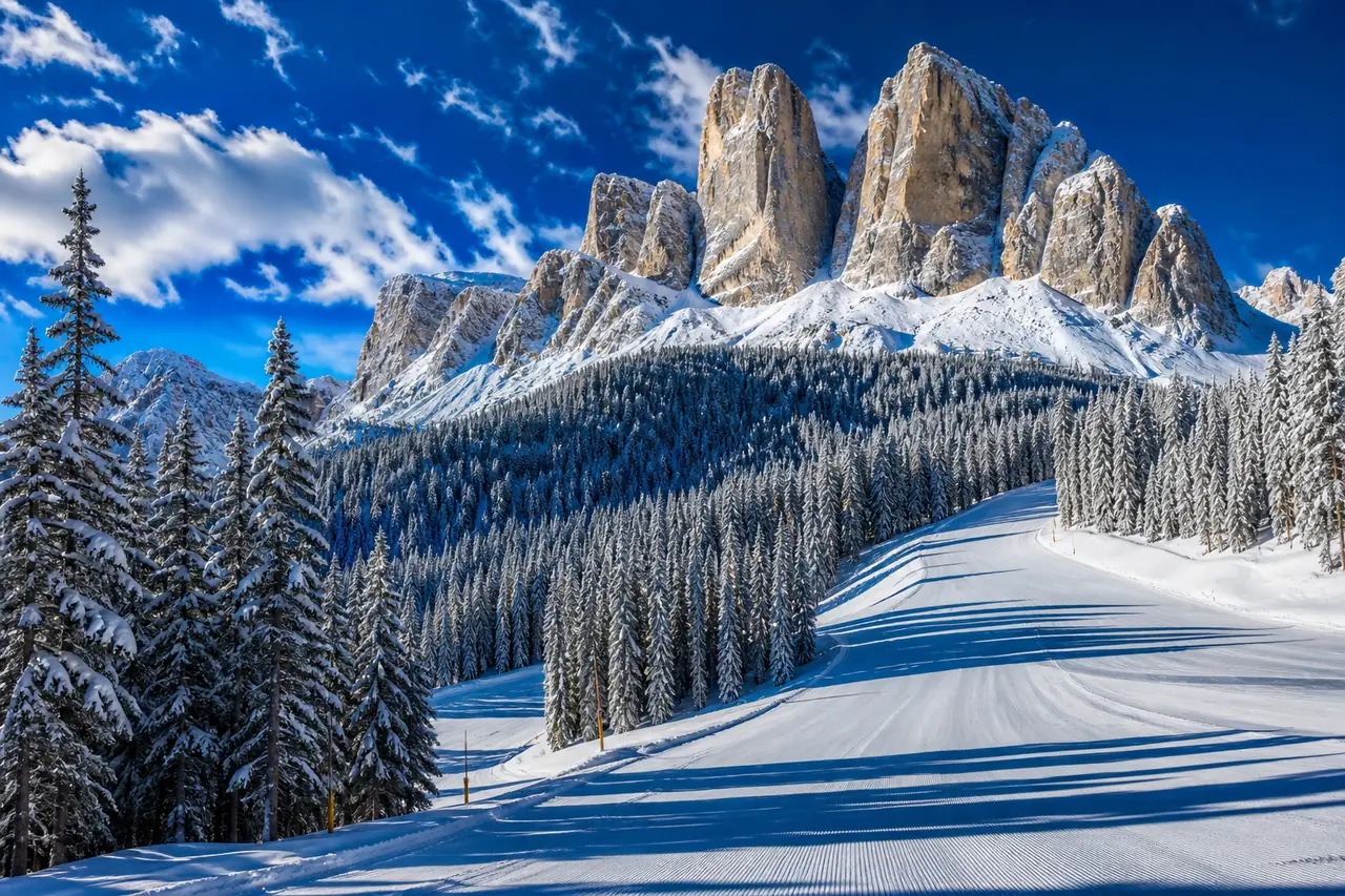 Comprensorio con settori collegati fra boschi di conifere innevati
