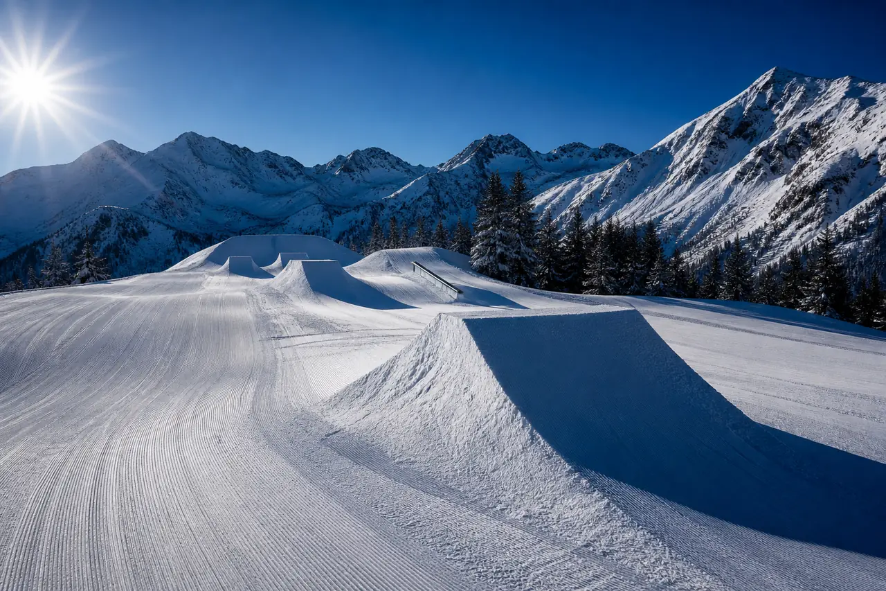 Snowpark su pista con salti modellati nella neve e una linea di rail, luce del mattino sul battuto