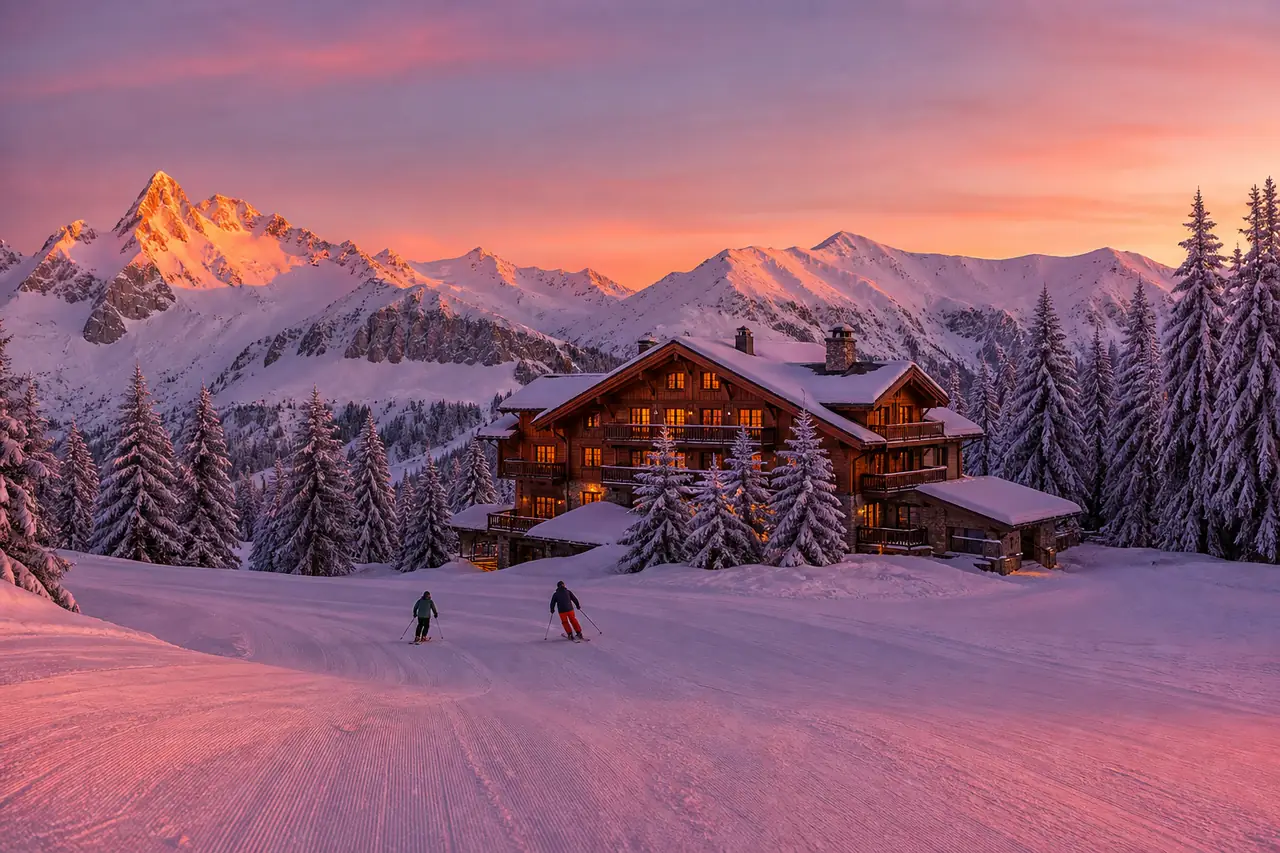 Baita di legno con le finestre illuminate al tramonto, due sciatori in discesa sulla pista e le cime accese di arancio e rosa